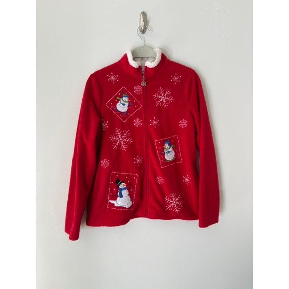 Breckenridge Womens Red Fleece Snowman Snowflake Zip Up Jacket Small Mock Neck